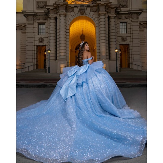 Pearl Sequin Blue Quinceanera Dress Off Shoulder Girl Women Dress Sweetheart Neck Vestidos De 15 Anos With Bow