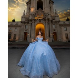 Pearl Sequin Blue Quinceanera Dress Off Shoulder Girl Women Dress Sweetheart Neck Vestidos De 15 Anos With Bow