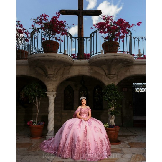 Pink Quinceanera Dress Off Shoulder 2024 Ball Gown Princess Dresses Sequin Lace Appliques Birthday Party Robe With Bow