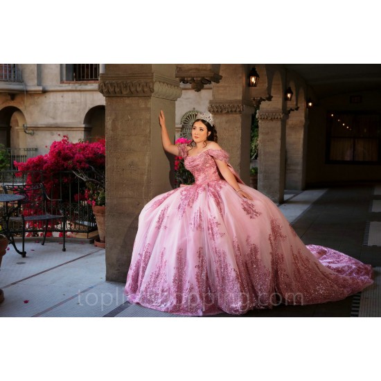 Pink Quinceanera Dress Off Shoulder 2024 Ball Gown Princess Dresses Sequin Lace Appliques Birthday Party Robe With Bow