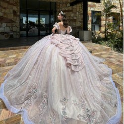 V Neck Pink Quinceanera Dresses Off Shoulder 2024 Ball Gown Princess Dress Lace Appliques Vestidos De 15 Anos With Bow