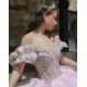 V Neck Pink Quinceanera Dresses Off Shoulder 2024 Ball Gown Princess Dress Lace Appliques Vestidos De 15 Anos With Bow