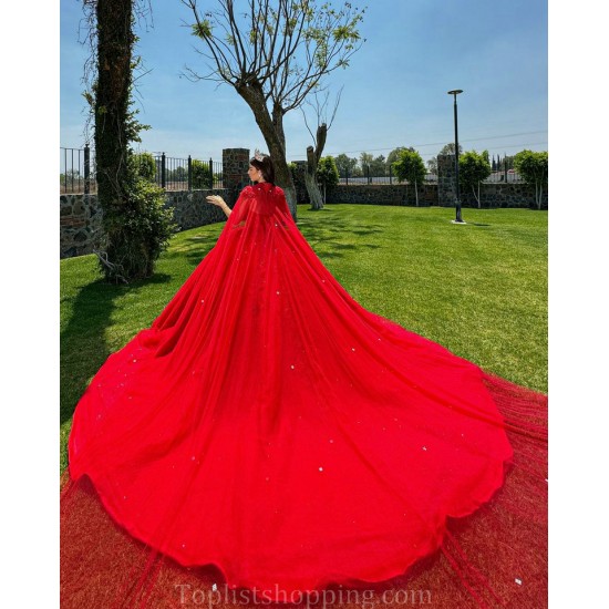 Red Quince Dress Cape Sleeve 15 Anos Crystal Sweetheart Neck Women 2024 Ball Gown Lace Appliques Pearl Girl Birthday Gowns