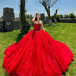 Red Quince Dress Cape Sleeve 15 Anos Crystal Sweetheart Neck Women 2024 Ball Gown Lace Appliques Pearl Girl Birthday Gowns