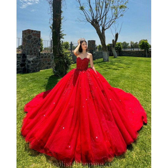 Red Quince Dress Cape Sleeve 15 Anos Crystal Sweetheart Neck Women 2024 Ball Gown Lace Appliques Pearl Girl Birthday Gowns