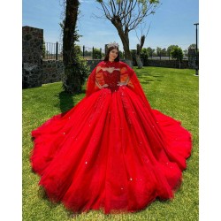 Red Quince Dress Cape Sleeve 15 Anos Crystal Sweetheart Neck Women 2024 Ball Gown Lace Appliques Pearl Girl Birthday Gowns