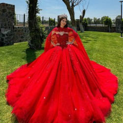 Red Quince Dress Cape Sleeve 15 Anos Crystal Sweetheart Neck Women 2024 Ball Gown Lace Appliques Pearl Girl Birthday Gowns