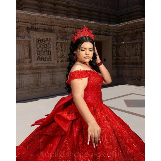 Off Shoulder Red Quince Dress Wear Pageant Sequin Girl Birthday Party Gowns Beading Vestidos De 15 Anos With Bow