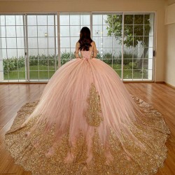 Rose Gold Quince Dress Off Shoulder 15 Anos Crystal Sweetheart Neck Women 2024 Ball Gown Lace Appliques Sequin Girl Birthday Gowns