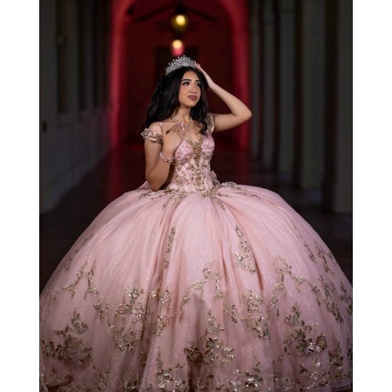 Off Shoulder Rose Gold Quinceanera Dress Sweet 15 Gowns Lace Appliques Wear Pageant Sweetheart Neck 2024 Ball Gown Princess Dresses With Bow