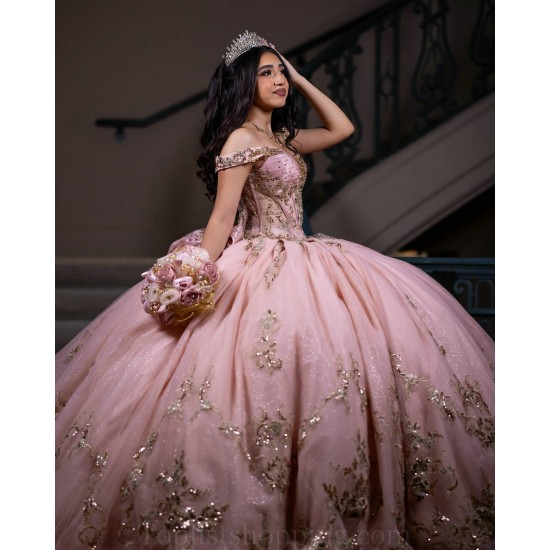 Off Shoulder Rose Gold Quinceanera Dress Sweet 15 Gowns Lace Appliques Wear Pageant Sweetheart Neck 2024 Ball Gown Princess Dresses With Bow