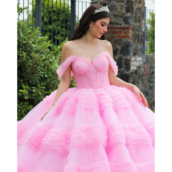 Ruffled Pink Quinceanera Dress Off Shoulder Birthday Party Gowns Sweetheart Neck Vestidos De 15 Anos