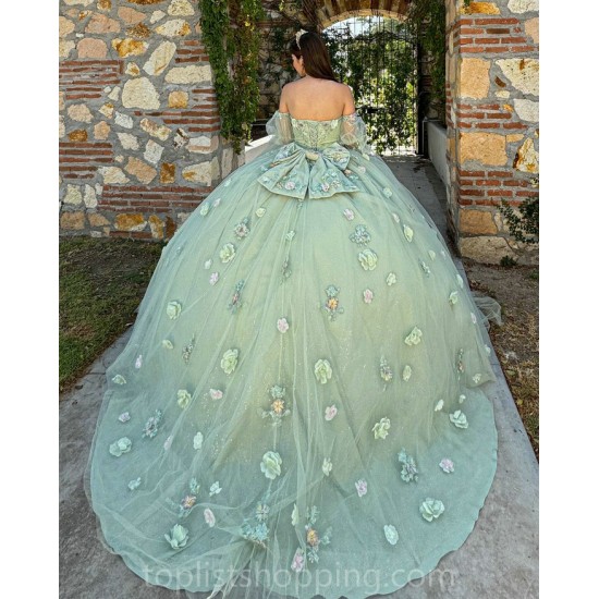 Sage Green Quince Dress Sweetheart Neck Girls Sweet 16 Dresses Sequin 3D Flowers Vestidos De 15 Anos Wear Pageant