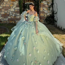 Sage Green Quince Dress Sweetheart Neck Girls Sweet 16 Dresses Sequin 3D Flowers Vestidos De 15 Anos Wear Pageant