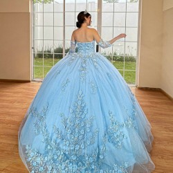 Sweetheart Neck 15 Anos Sky Blue Quince Dress Detachable Women 2024 Ball Gown Crystal Girl Birthday Gowns With 3D Flowers