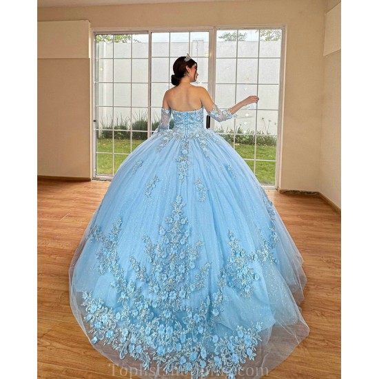 Sweetheart Neck 15 Anos Sky Blue Quince Dress Detachable Women 2024 Ball Gown Crystal Girl Birthday Gowns With 3D Flowers