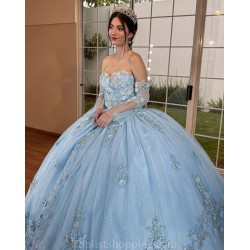 Sweetheart Neck 15 Anos Sky Blue Quince Dress Detachable Women 2024 Ball Gown Crystal Girl Birthday Gowns With 3D Flowers