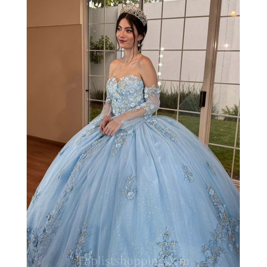 Sweetheart Neck 15 Anos Sky Blue Quince Dress Detachable Women 2024 Ball Gown Crystal Girl Birthday Gowns With 3D Flowers