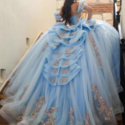 Sky Blue Quinceanera Dress Off Shoulder Sequin Vestidos De 15 Anos Rose Gold Lace Appliques Wear Pageant Sweetheart Women Tulle 2024 Ball Gown