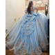 Sky Blue Quinceanera Dress Off Shoulder Sequin Vestidos De 15 Anos Rose Gold Lace Appliques Wear Pageant Sweetheart Women Tulle 2024 Ball Gown