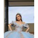 Sky Blue Quinceanera Dress Off Shoulder Sequin Vestidos De 15 Anos Rose Gold Lace Appliques Wear Pageant Sweetheart Women Tulle 2024 Ball Gown