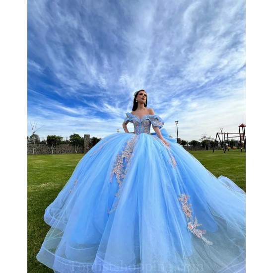 Sky Blue Quinceanera Dress Off Shoulder Sequin Vestidos De 15 Anos Rose Gold Lace Appliques Wear Pageant Sweetheart Women Tulle 2024 Ball Gown