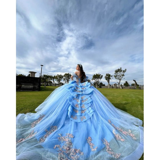 Sky Blue Quinceanera Dress Off Shoulder Sequin Vestidos De 15 Anos Rose Gold Lace Appliques Wear Pageant Sweetheart Women Tulle 2024 Ball Gown