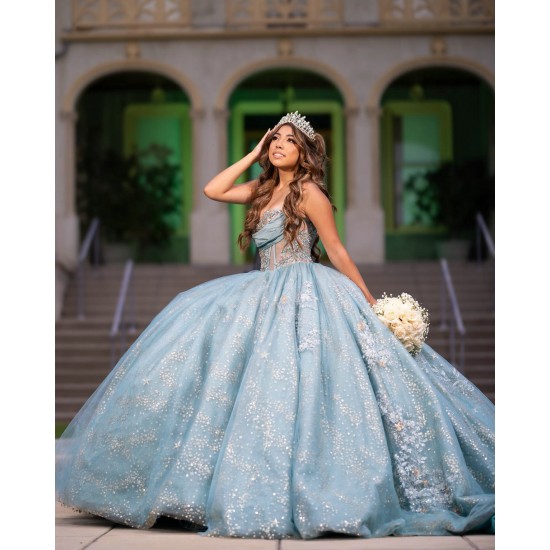 Sleeveless Aqua Blue Quinceanera Dress Sheer Bodice Sweet 15 Gowns Sequin Wear Pageant Sweetheart Neck Vestidos De 15 Anos With 3D Flowers