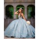 Sleeveless Aqua Blue Quinceanera Dress Sheer Bodice Sweet 15 Gowns Sequin Wear Pageant Sweetheart Neck Vestidos De 15 Anos With 3D Flowers