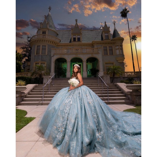 Sleeveless Aqua Blue Quinceanera Dress Sheer Bodice Sweet 15 Gowns Sequin Wear Pageant Sweetheart Neck Vestidos De 15 Anos With 3D Flowers