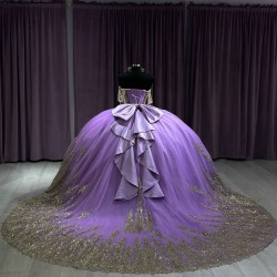 Sleeveless Lilac Quinceanera Dress Sheer Bodice Sweet 15 Gowns Sequin Wear Pageant Lace Appliques Sweetheart Neck Vestidos De 15 Anos With Bow