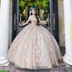 Sleeveless Nude Quinceanera Dress Crystal Birthday Party Gowns Sweetheart Neck Vestidos De 15 Anos With 3D Flowers