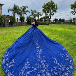 Strapless Blue Quinceanera Dress Crystal Off Shoulder Birthday Party Gowns Sequin Lace Appliques Sweetheart Neck Vestidos De 15 Anos