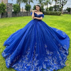 Strapless Blue Quinceanera Dress Crystal Off Shoulder Birthday Party Gowns Sequin Lace Appliques Sweetheart Neck Vestidos De 15 Anos