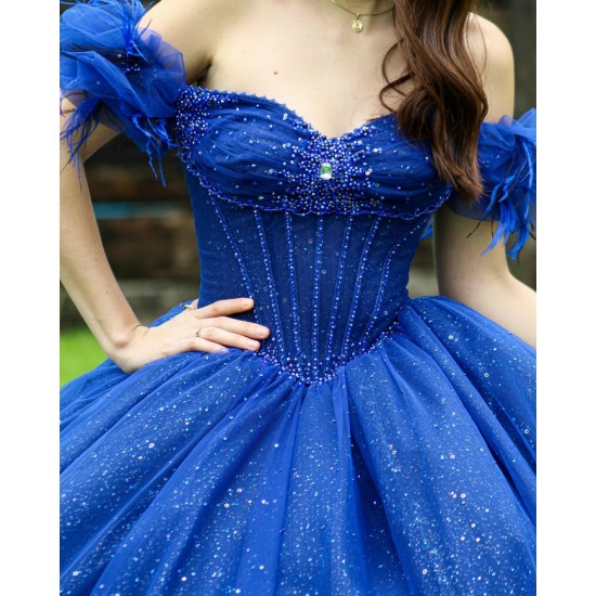 Strapless Blue Quinceanera Dress Crystal Off Shoulder Birthday Party Gowns Sequin Lace Appliques Sweetheart Neck Vestidos De 15 Anos