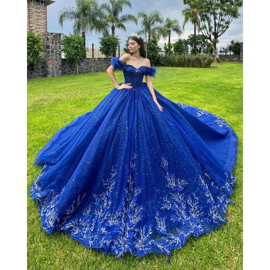 Strapless Blue Quinceanera Dress Crystal Off Shoulder Birthday Party Gowns Sequin Lace Appliques Sweetheart Neck Vestidos De 15 Anos