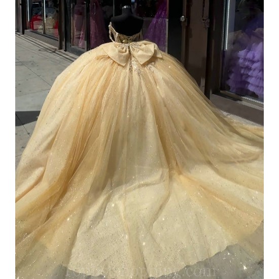 Sweetheart Neck Champagne Quince Dress Sheer Bodice Wear Pageant Off Shoulder Vestidos De 15 Anos Sequin Instagram Gowns With Bow