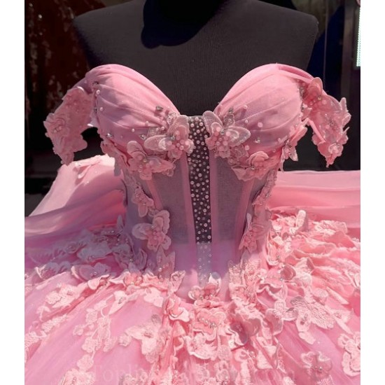 Sweetheart Neck Pink Quince Dress Sheer Bodice Wear Pageant Off Shoulder Vestidos De 15 Anos Pearl Instagram Gowns With 3D Butterfly