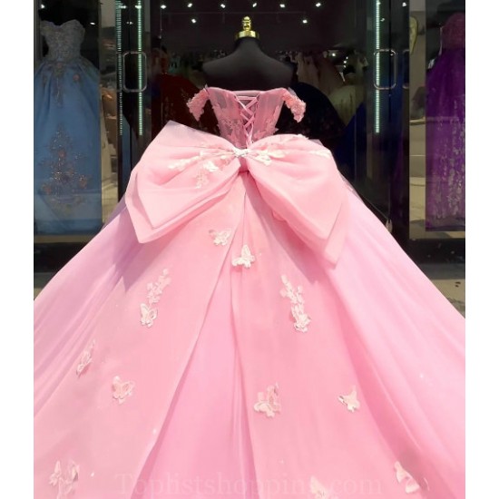 Sweetheart Neck Pink Quince Dress Sheer Bodice Wear Pageant Off Shoulder Vestidos De 15 Anos Pearl Instagram Gowns With 3D Butterfly