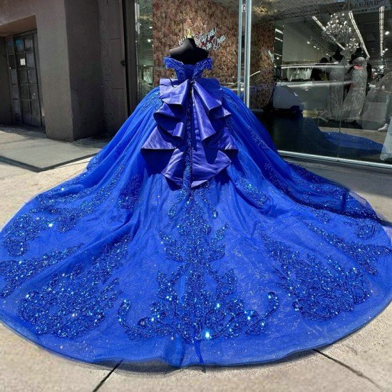 Sweetheart Neck Blue Quinceanera Dress Sweet 15 Gowns Sequin XV Anos Lace Appliques Off Shoulder Vestidos De 15 Anos With Bow