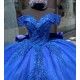 Sweetheart Neck Blue Quinceanera Dress Sweet 15 Gowns Sequin XV Anos Lace Appliques Off Shoulder Vestidos De 15 Anos With Bow