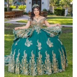 Sweetheart Neck Emerald Green Quinceanera Dress Sweet 15 Birthday Party Gown Sequin XV Anos Lace Appliques Off Shoulder Vestidos De 15 Anos