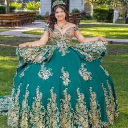 Sweetheart Neck Emerald Green Quinceanera Dress Sweet 15 Birthday Party Gown Sequin XV Anos Lace Appliques Off Shoulder Vestidos De 15 Anos