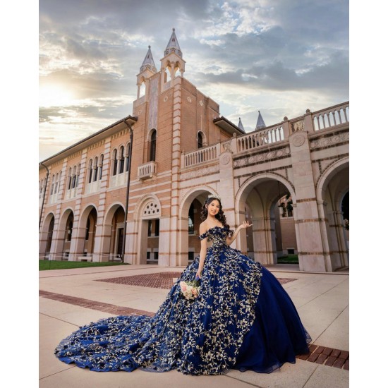 Sweetheart Neck Navy Blue Quince Dress Off Shoulder 15 Anos Sequin Women 2024 Ball Gown Lace Appliques Girl Birthday Gowns