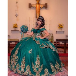 Tiered Emerald Green Quinceanera Dress Sweetheart Neck Off Shoulder Vestidos De 15 Anos Sequin Girls Princess Dress