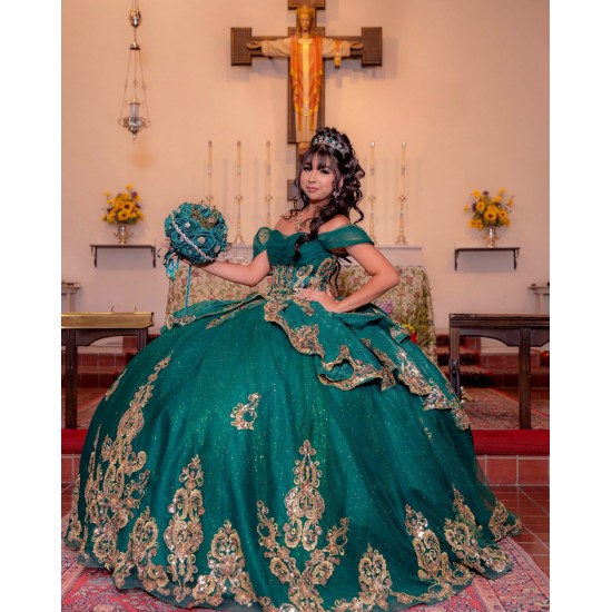 Tiered Emerald Green Quinceanera Dress Sweetheart Neck Off Shoulder Vestidos De 15 Anos Sequin Girls Princess Dress