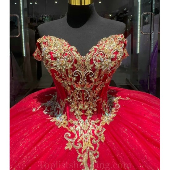 V Neck Red Quince Dress Lace Appliques Wear Pageant Off Shoulder Vestidos De 15 Anos Sequin Instagram Gowns