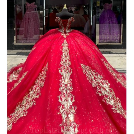 V Neck Red Quince Dress Lace Appliques Wear Pageant Off Shoulder Vestidos De 15 Anos Sequin Instagram Gowns