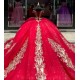 V Neck Red Quince Dress Lace Appliques Wear Pageant Off Shoulder Vestidos De 15 Anos Sequin Instagram Gowns