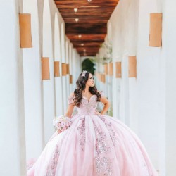 V Neck Pink Quince Dress 15 Anos Lace Appliques Sequin Women 2024 Ball Gown Off Shoulder Girl Birthday Gowns